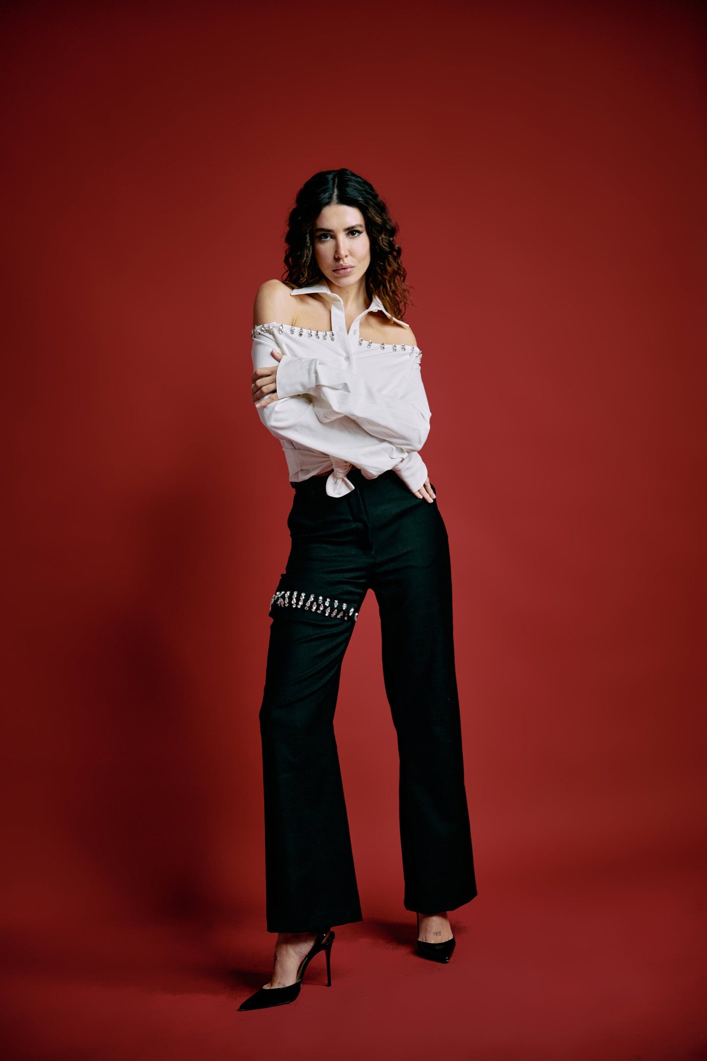 Black Straight Diamond Slit Pants