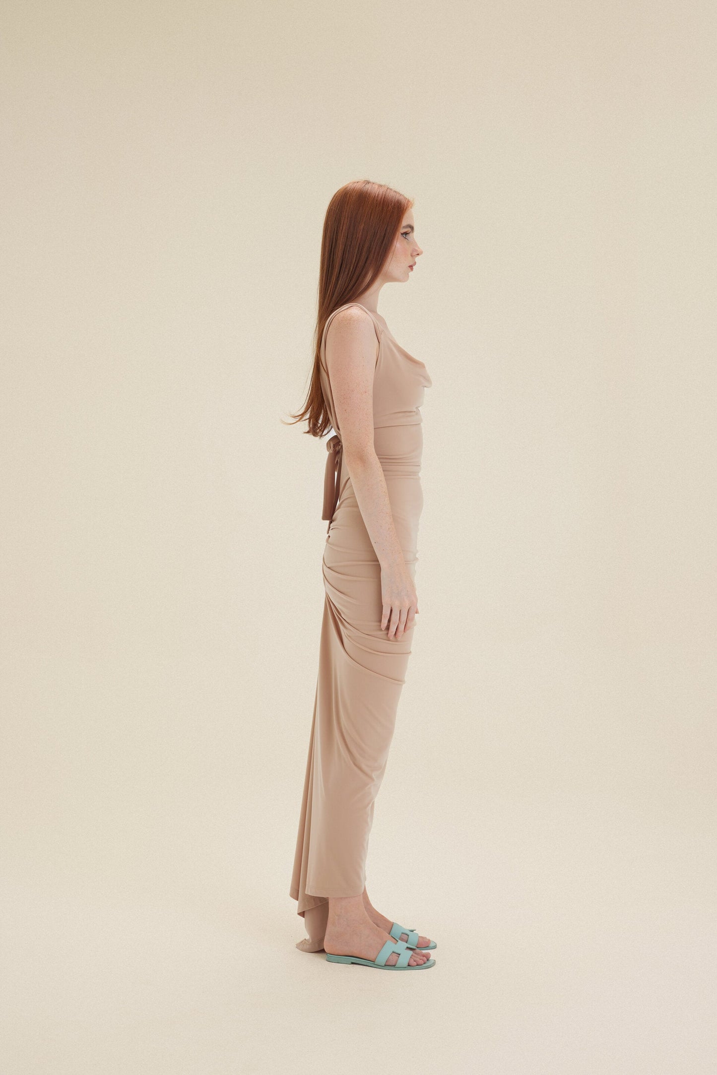 Beige Sculpt Cowl Neck Maxi Dress