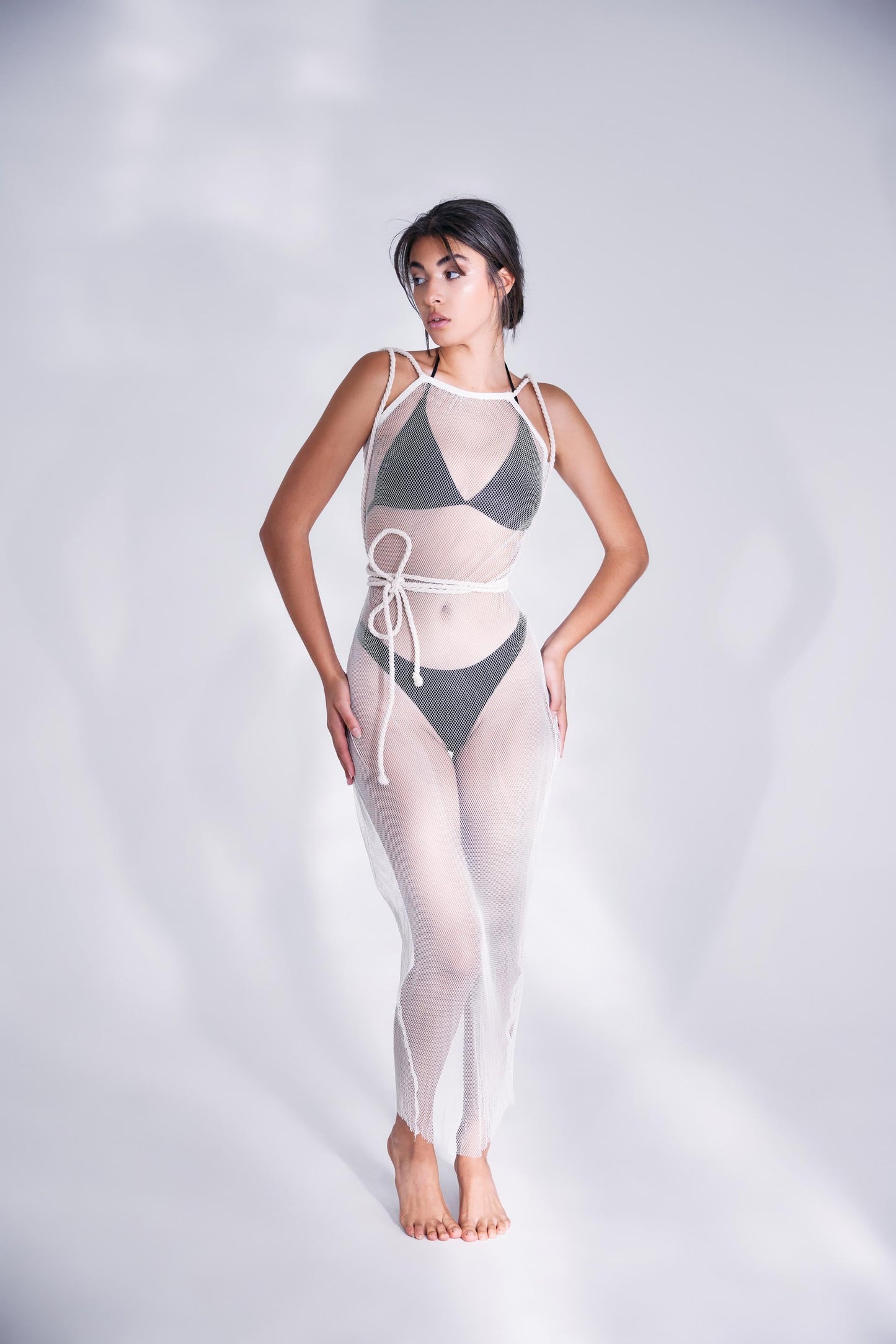 White Fishnet Dress With Off White Ribbons