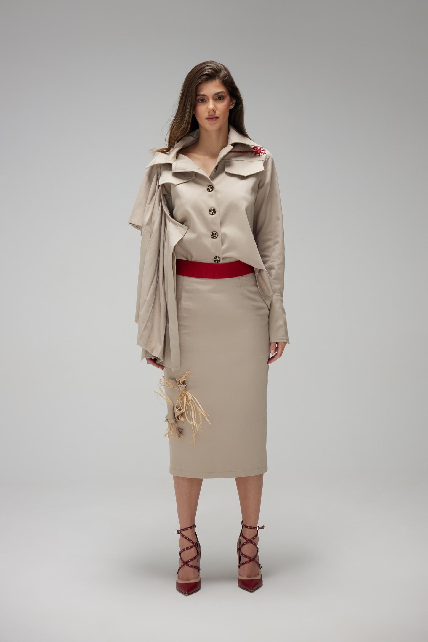 Beige Ruffles Embroidered Jacket