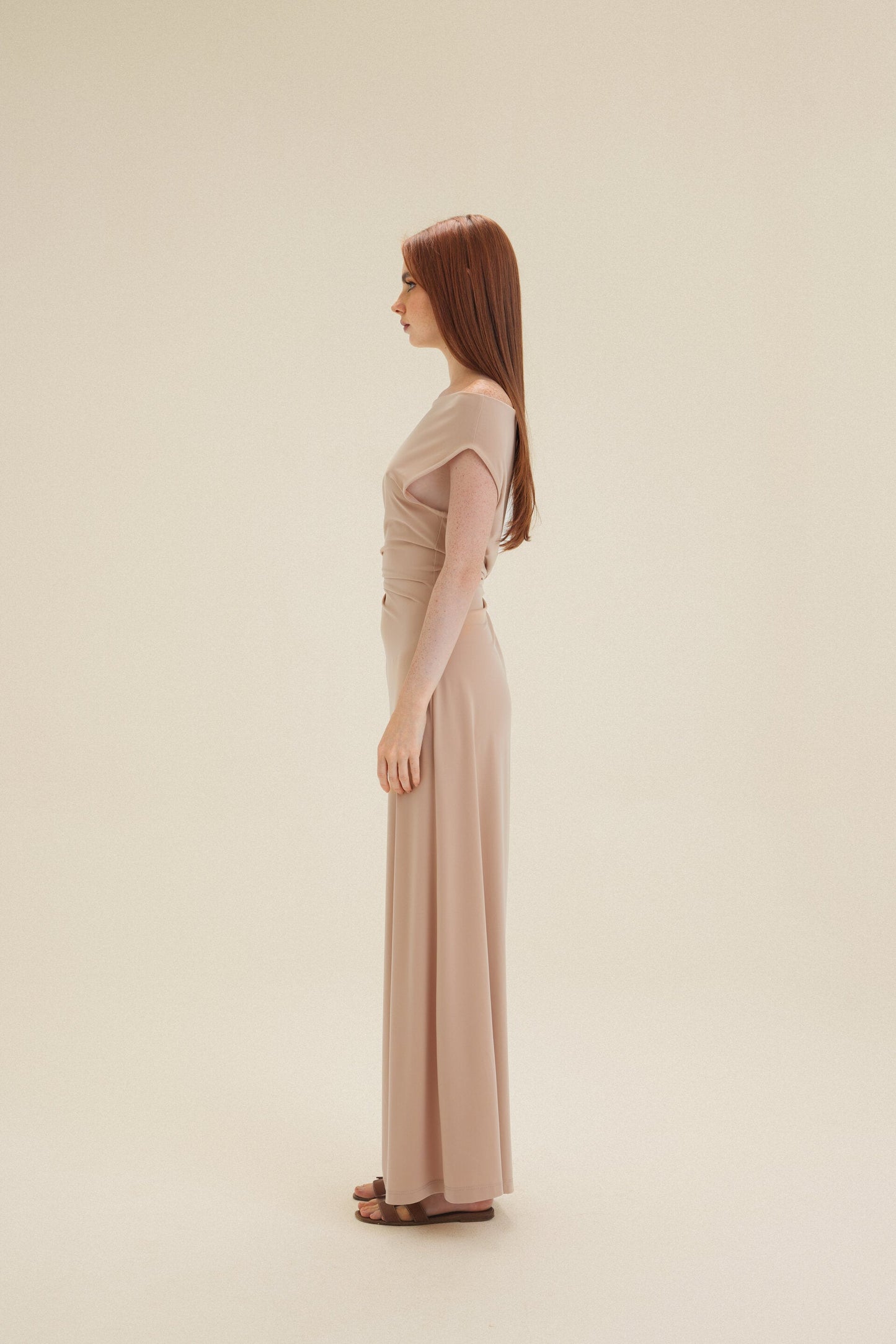 Beige Off Shoulder Fitted Dress